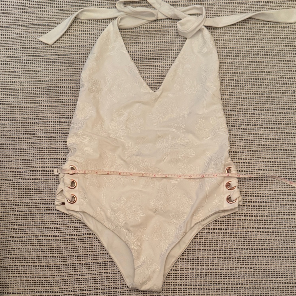 Tori Praver Cream Lace-Up One Piece Swimsuit